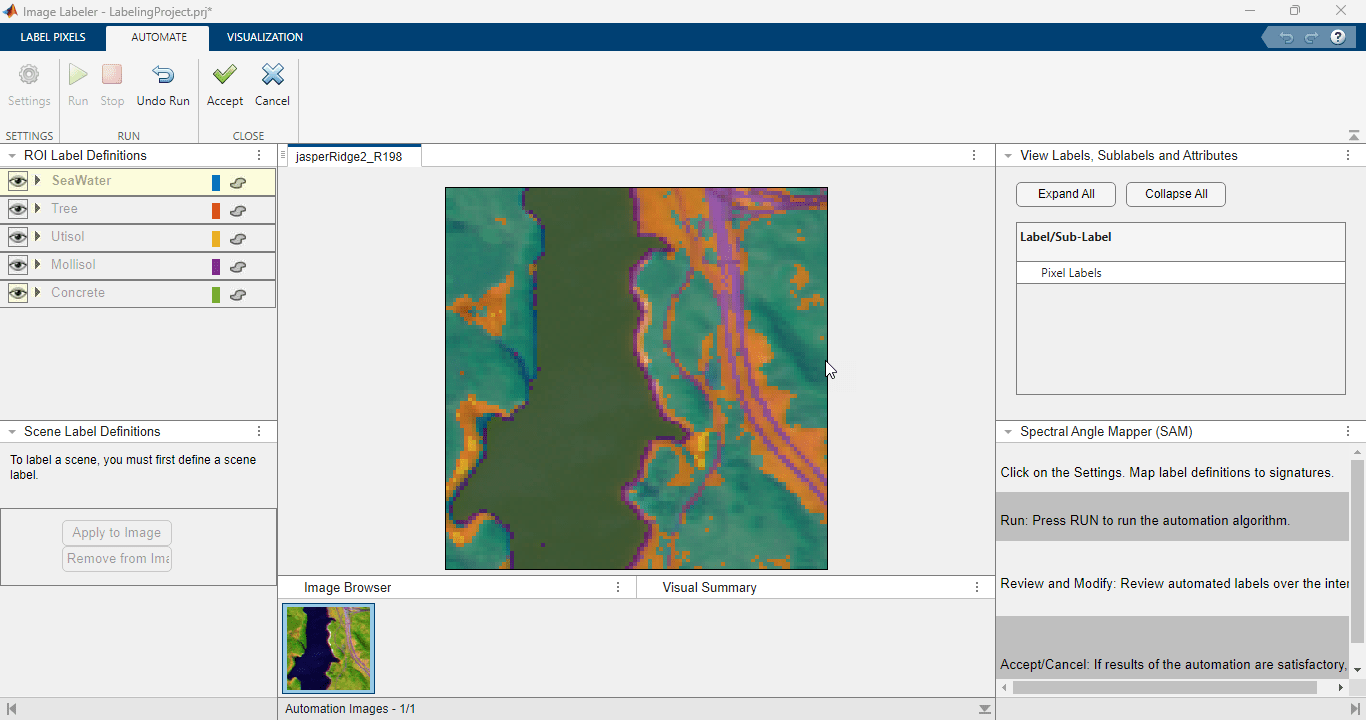 Automatically labeled hyperspectral image in Image Labeler