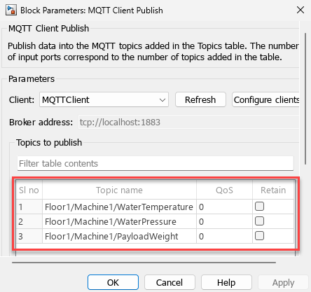 Add topics to publish using MQTT Client Publish block