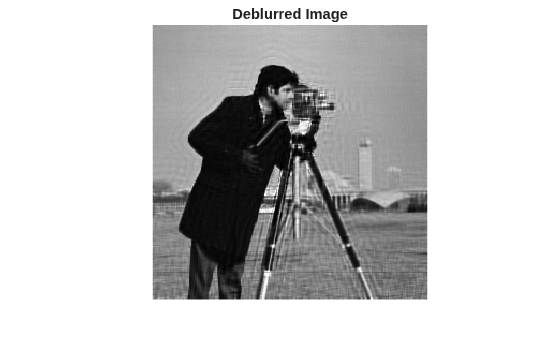 Figure contains an axes object. The hidden axes object with title Deblurred Image contains an object of type image.
