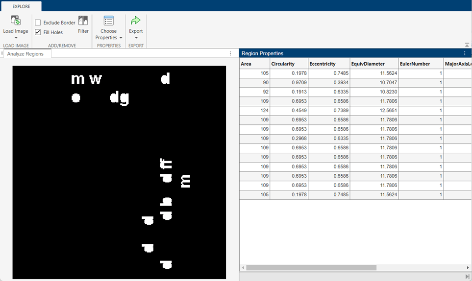 Only filled regions that meet the filter criteria appear in the binary image and the table of region properties.