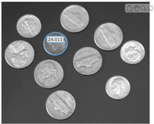 The same image of coins with a blue circle ROI drawn around one dime. The ROI has a label 24.011
