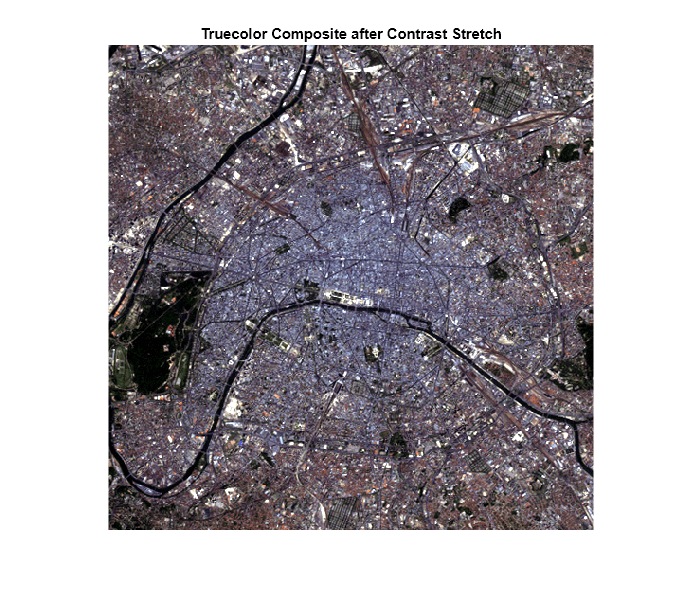 Figure contains an axes object. The axes object with title Truecolor Composite after Contrast Stretch contains an object of type image.