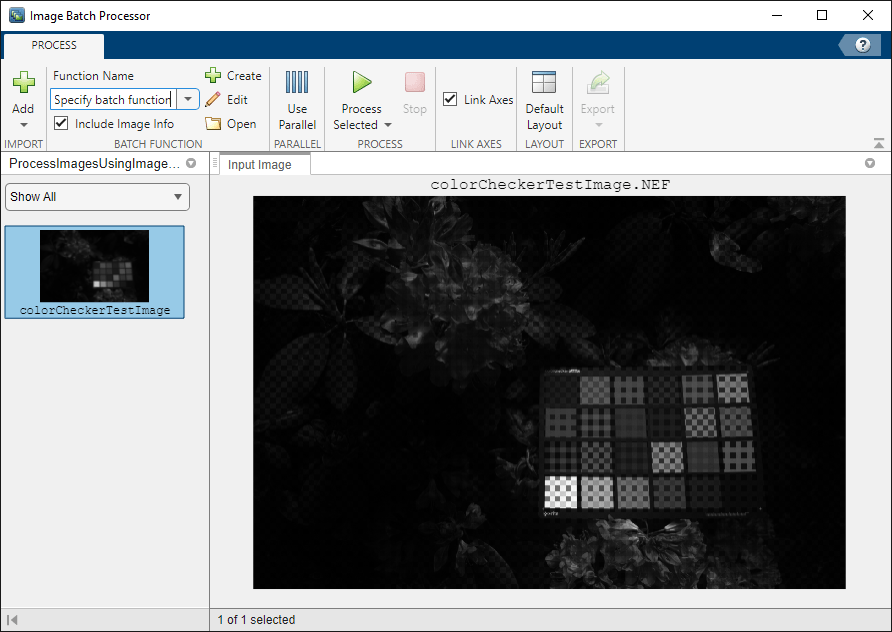 Image Batch Processor app window with an image of a ColorChecker® chart loaded in the browser