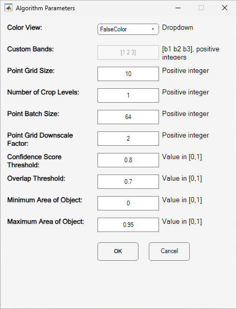 Settings dialog box with chosen parameters.