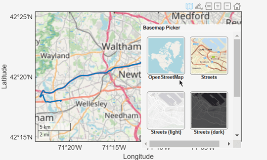 Geographic plot that uses the OpenStreetMap basemap. A basemap picker shows additional basemap options.
