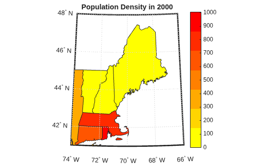 Figure contains an axes object. The hidden axes object with title Population Density in 2000 contains 19 objects of type patch, line, text.