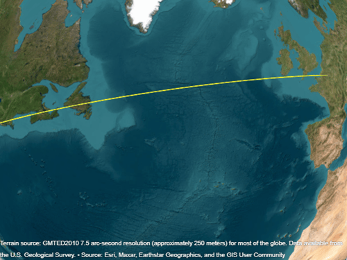 A globe with a yellow line between New York City and Paris. The entire line is visible.