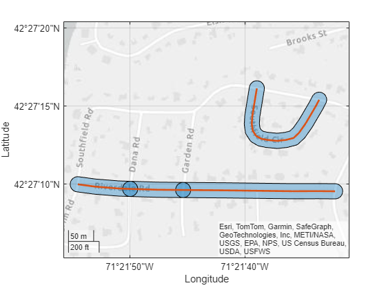 Figure contains an axes object with type geoaxes. The geoaxes object contains 2 objects of type polygon, line.