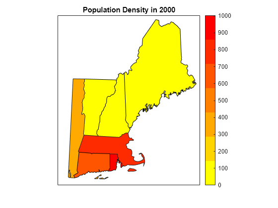 Figure contains an axes object. The axes object with title Population Density in 2000 contains 7 objects of type patch.