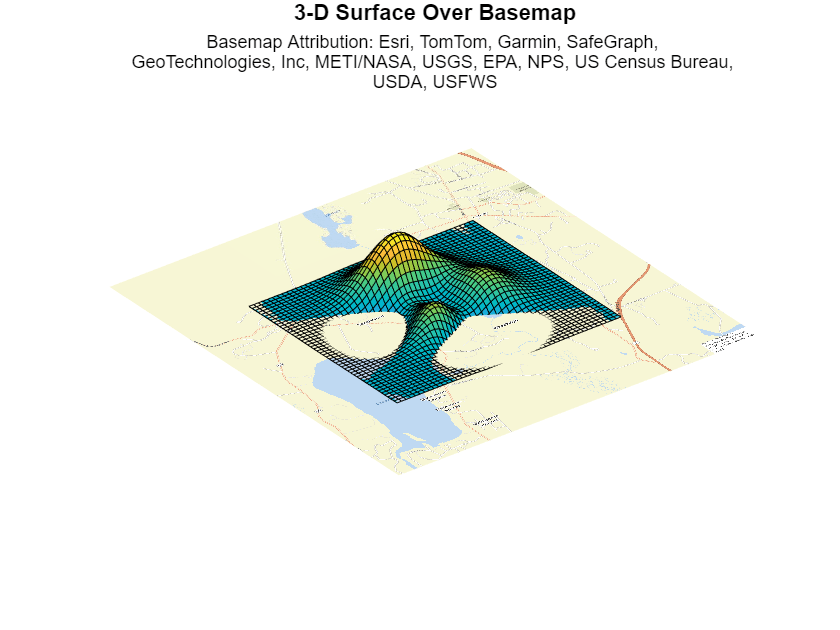 Figure contains an axes object. The axes object with title 3-D Surface Over Basemap contains 2 objects of type image, surface.