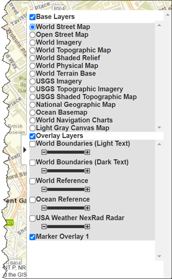 Layer Manager with options for base layers and overlay layers