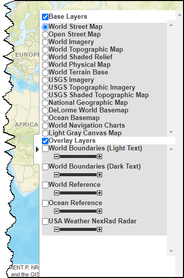 Layer Manager with options for base layers and overlay layers