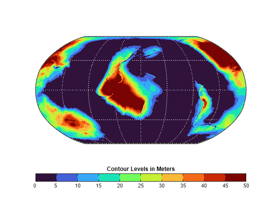 Figure contains 2 axes objects. Axes object 1 with title Contour Levels in Meters contains an object of type image. Hidden axes object 2 contains 4 objects of type patch, surface, line.