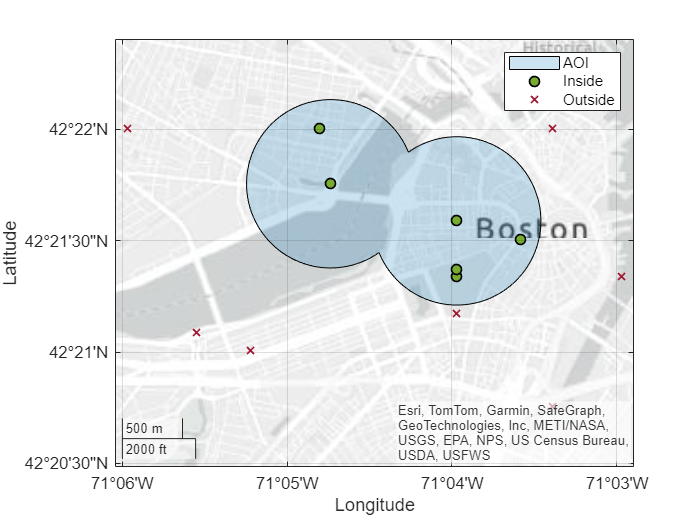 Figure contains an axes object with type geoaxes. The geoaxes object contains 3 objects of type polygon, point. These objects represent AOI, Inside, Outside.