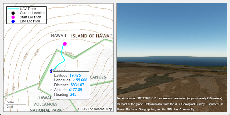 The same 2-D map and 3-D globe. The camera for the globe faces the horizon.