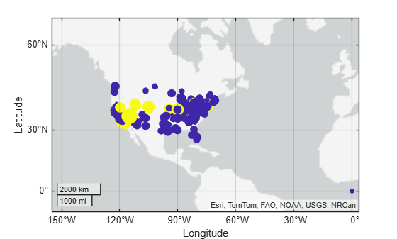 Figure contains an axes object with type geoaxes. The geoaxes object contains an object of type scatter.