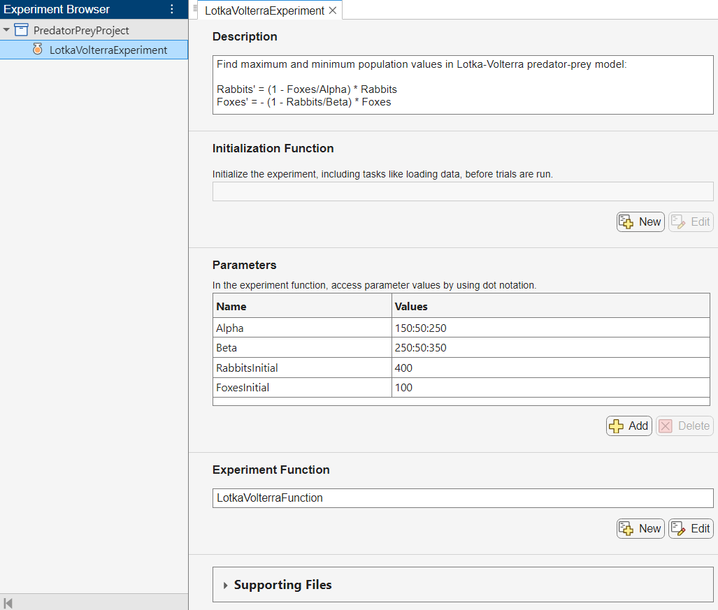 Experiment editor containing the experiment description, parameter names and values, and experiment function name