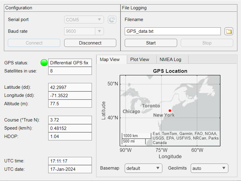 Running app connected to a GPS device. The app contains an option to disconnect from the device, fields with live GPS data, and option to start logging data to a file, and a plot of the GPS.