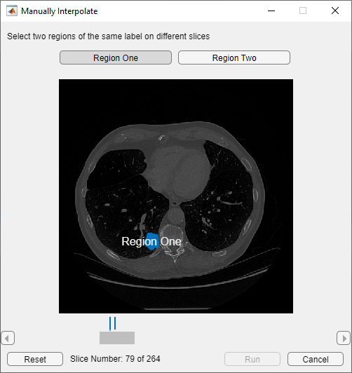 Manually Interpolate dialog box for selecting the label regions and slices for interpolation