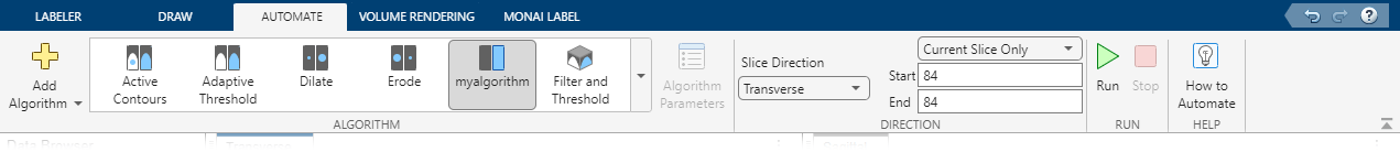 The myalgorithm icon is available in the Automate tab toolstrip