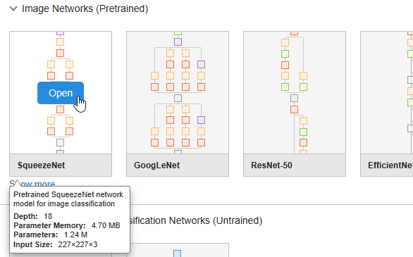 The Deep Network Designer start page, showing the mouse hovering over Squeezenet which displays properties of the model, including its depth (18), parameter memory (4.7 MB), number of parameters (1.24 M), and input size (227-by-227-by-3).