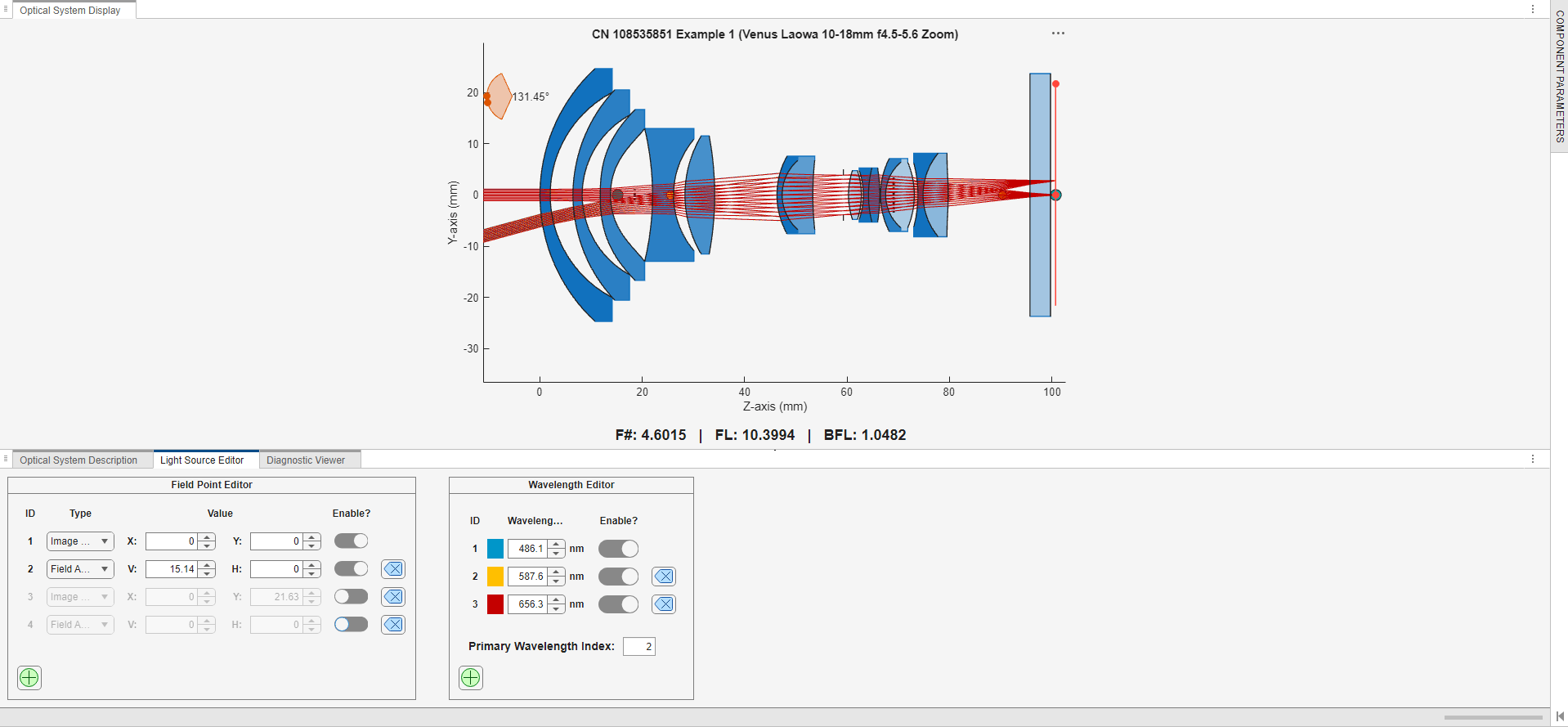 Ray tracing for optical system in Optical System Designer app.