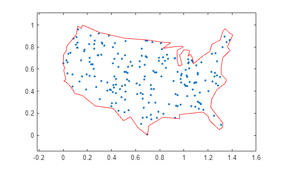 Map of the United States with approximately 200 randomly placed stops shown as blue dots