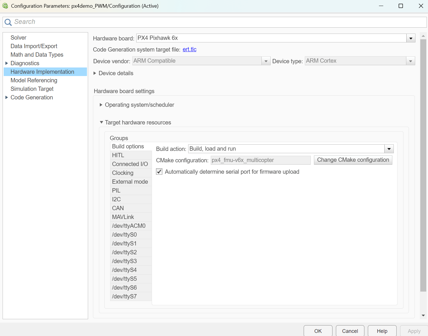 Build options pane of the hardware implementation settings