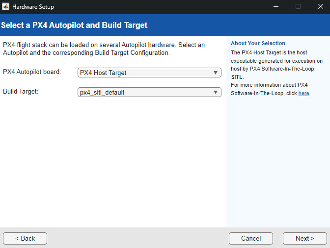 Hardware setup screen showing PX4 Autopilot Board set to PX4 Host Target and build target set to px4_sitl_default.