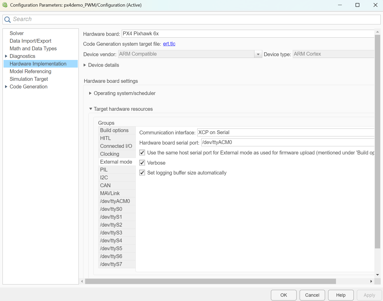 External mode pane of the hardware implementation settings