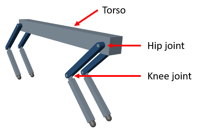 3D rendering of the quadruped robot with labeled torso, hip joint, and knee joint
