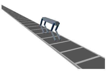 Quadruped robot walking along a straight track in the Simscape Multibody visualization