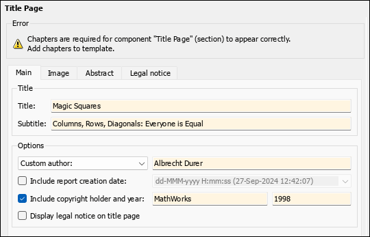 Right pane for the Title page showing the title "Magic Squares", subtitle "Columns, Rows, Diagonals: Everyone is Equal, author "Albrecht Durer, and the option Include copyright holder and year selected.