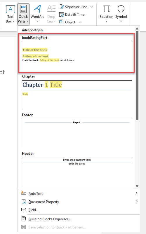 Word Quick Parts dropdown showing the template document parts created by the mlreportgen Template