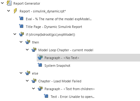 Outline in left pane displaying Paragraph component below Model Loop Chapter component and above System Snapshot component.