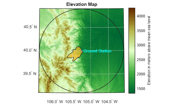 Figure contains an axes object. The hidden axes object with title Elevation Map contains 15 objects of type patch, surface, line, text. One or more of the lines displays its values using only markers