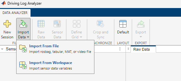 Import Data options on the Driving Log Analyzer app toolstrip.