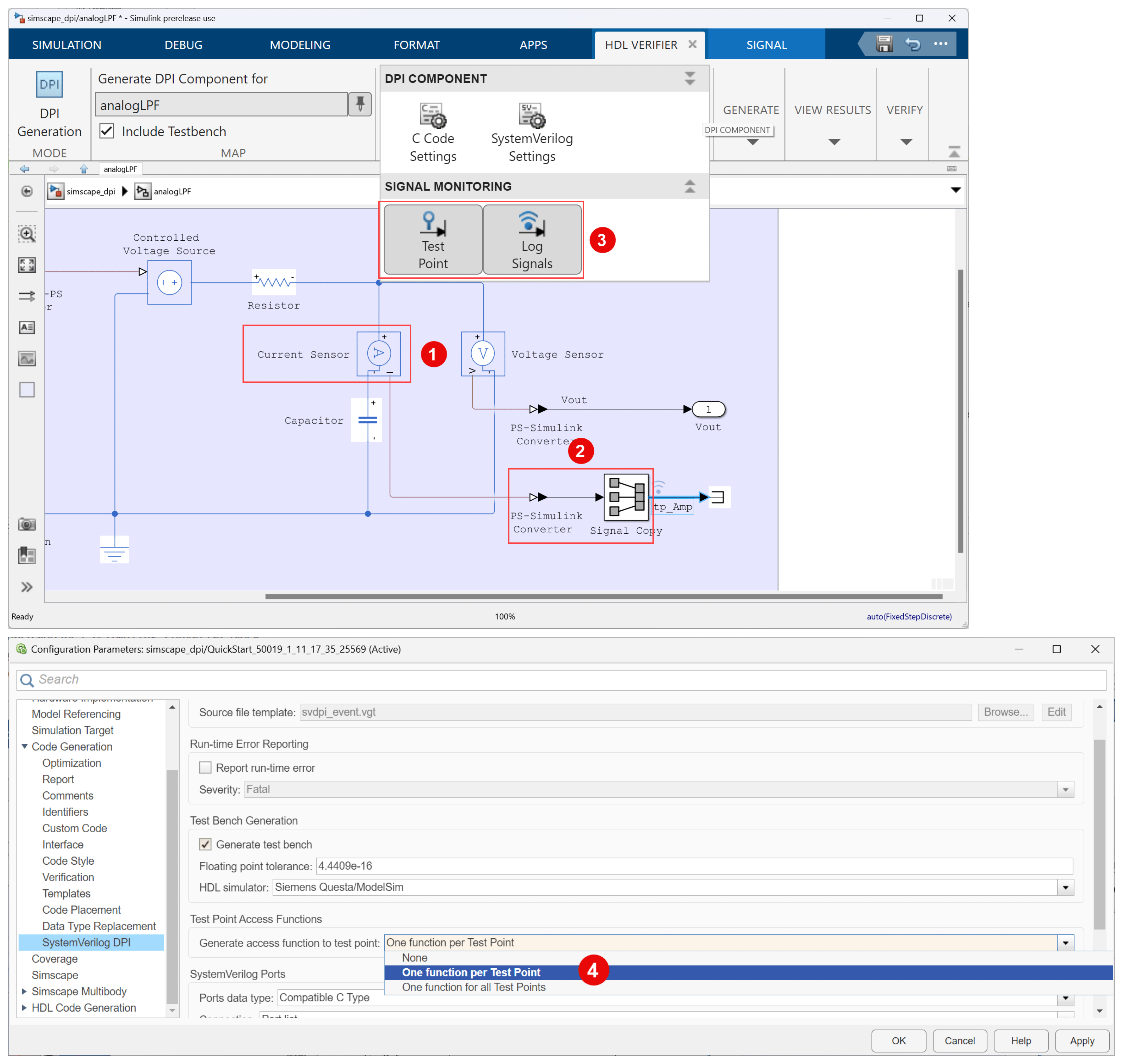 Simulink toolstrip highlighted with signal selected, and "Test Point" and "Log Signals" selected.