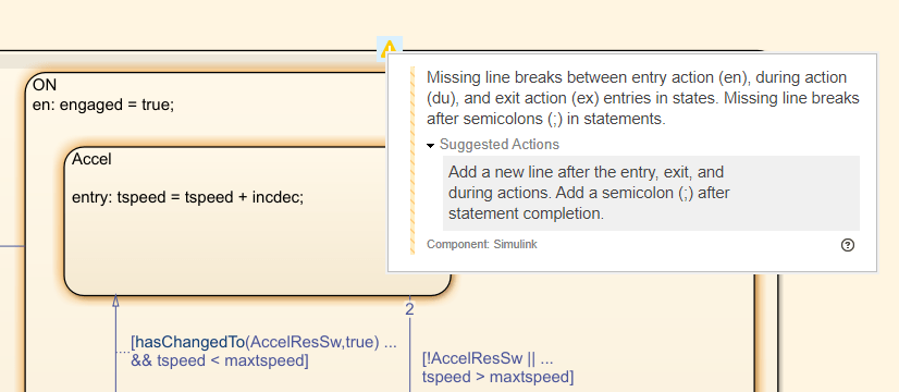 Edit-time check details state that there are missing line breaks between entry action, during action, and exit action in the states or missing line breaks after semicolons in statements. Suggested action is to add a new line after actions and semicolons.