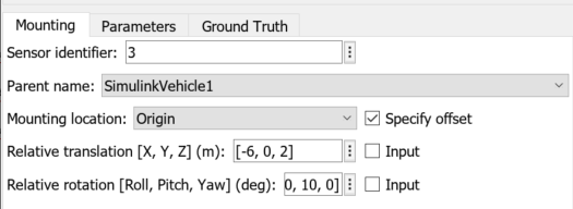 Mounting tab in the block parameters dialog box of the Simulation 3D Camera block.