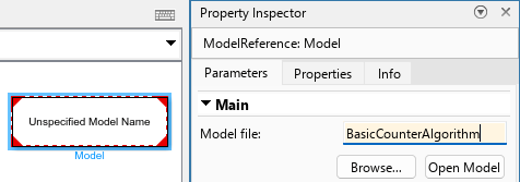 Model block selected and Property Inspector with Model file set to BasicCounterAlgorithm
