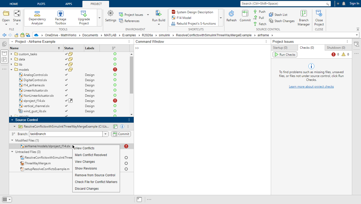Resolve Conflicts in Project Using Simulink Three-Way Merge