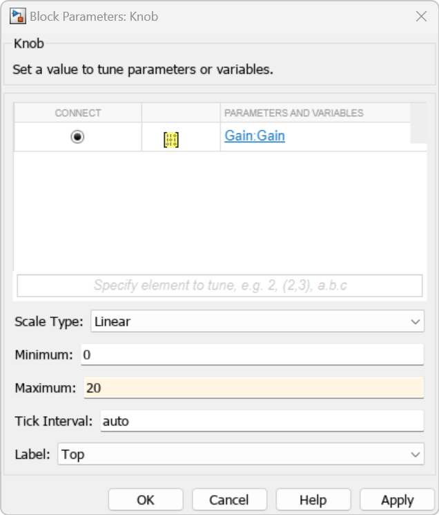 The Block Parameter dialog box for the Knob block