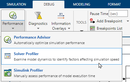 On the Debug tab, the Performance list is expanded with the pointer paused on the Solver Profiler option.