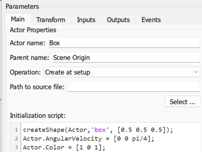 The block parameter dialog box of the Simulation 3D Actor block named box shows parameters and initialization script.