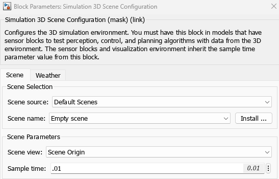The block parameter dialog box of simulation 3D scene configuration block.