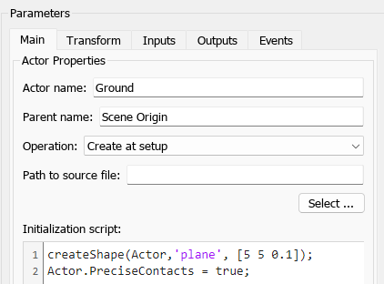 The block parameter dialog box of the Simulation 3D Actor block named ground shows parameters and the initialization script.