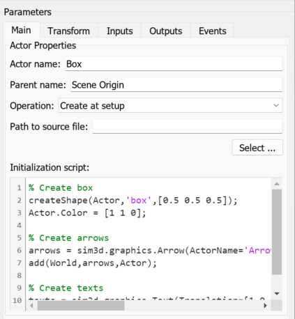 Block parameter dialog box with parameters actor name and initialization script.