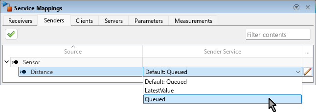 Service Mappings editor open with the Senders tab selected. The entry for Sensor.Distance is in focus. In the Sender Service, the mouse is selecting Queued.