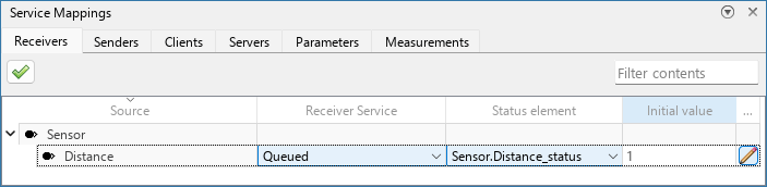 Service Mappings editor open with the Receivers tab selected. The Initial value of the Distance port is 1.